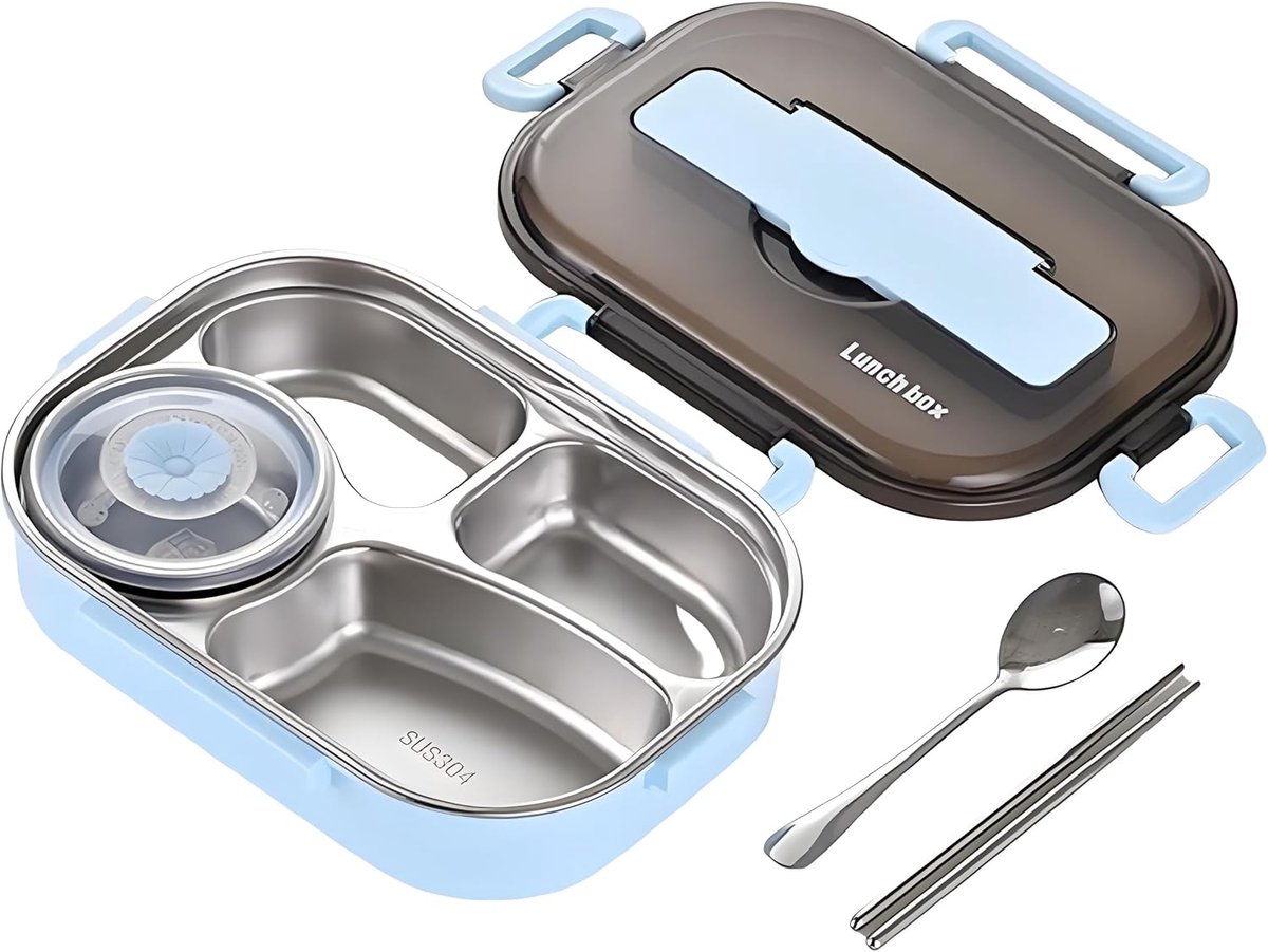 Geventileerde Bento Box - Roestvrijstalen Lunchbox met Bestek - 4 Vakken en Soepkom - Blauwe Geïsoleerde Maaltijdbox voor Kantoor en School - Inclusief Eetstokjes en Lepel