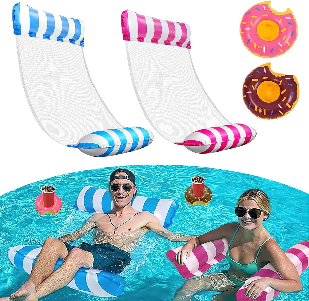 2 pieces inflatable pool floatants with 2 inflatable drinking holders, inflatable pool for adults and children with - ShopVlot