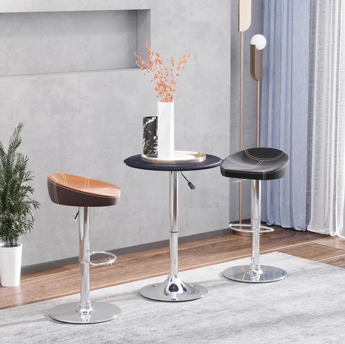 MIVRAY Bartafel Verstelbaar Rond Met 360 Graden Draaibaar Blad Zwart Kunstleder En Chromen Voet 63 Cm Hoogte 67 Tot 93 Cm