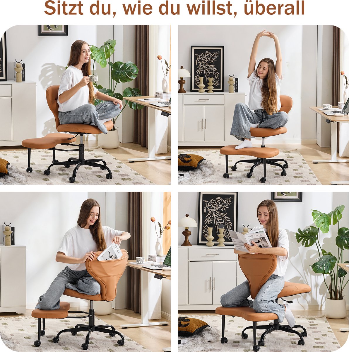FloraGrace Bureaustoel – 360° Draaibaar En In Hoogte Verstelbaar – Zonder Armleuningen – Voor Thuiswerk, Yoga En Meditatie – Kunstleer – Oranje thumbnail 3