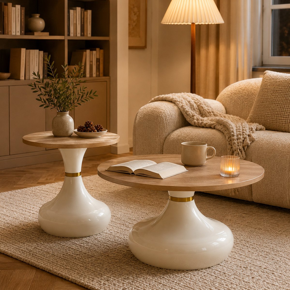 MIVRAY Salontafel Set Van 2 - Rond Houtlook Met Witte Metalen Basis En Gouden Accent - Modern En Luxe Voor Woonkamer - MDF - 70 Cm