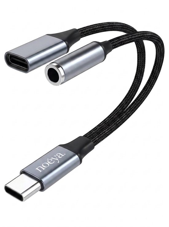 Grijze Noéya USB-C naar 3.5mm jack en USB-C splitter kabel met zwarte gevlochten snoeren.