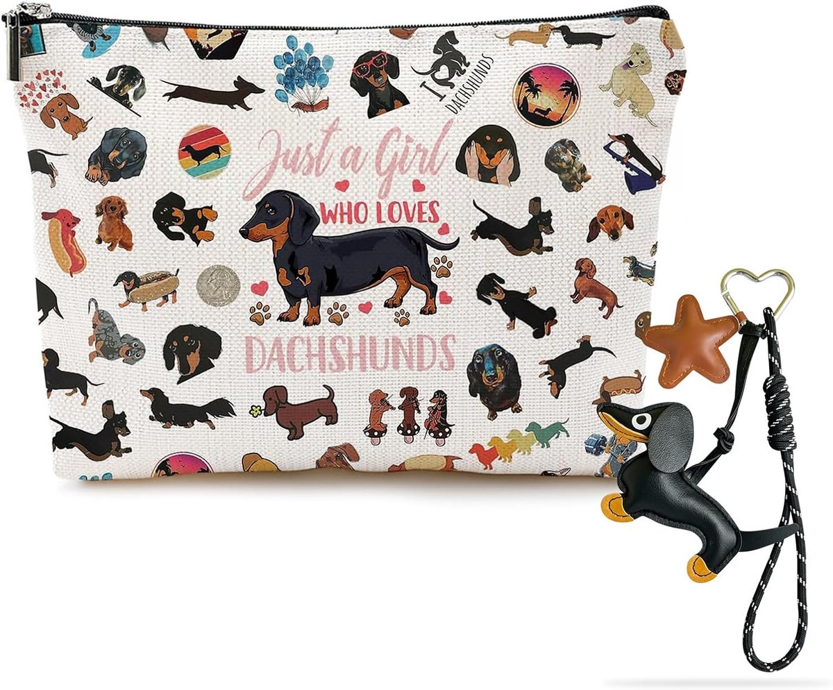Cadeauset voor teckel - make-uptas met ritssluiting - sleutelhanger - ideaal voor hondenliefhebbers - ShopVlot