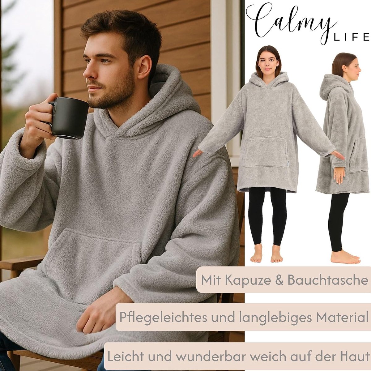 Hoodiedeken met mouwen XXL - pluche sherpa dekentrui - oversized poncho-deken - perfect voor knuffelmomenten - ShopVlot