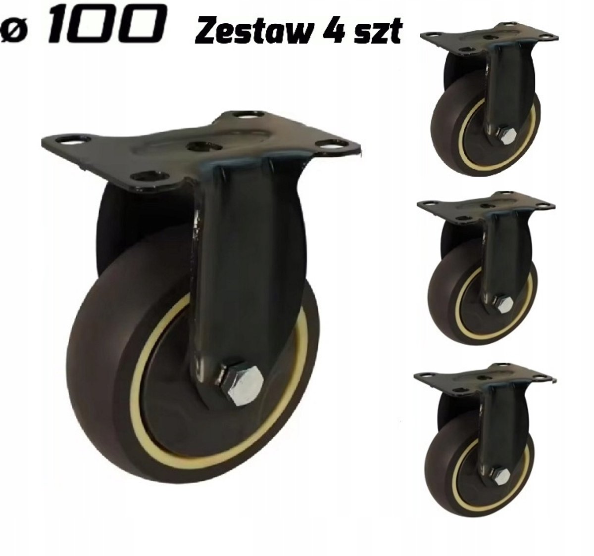 Set van 4 Zwenkwielen 100 mm Thermoplastisch Rubber TPR Vast