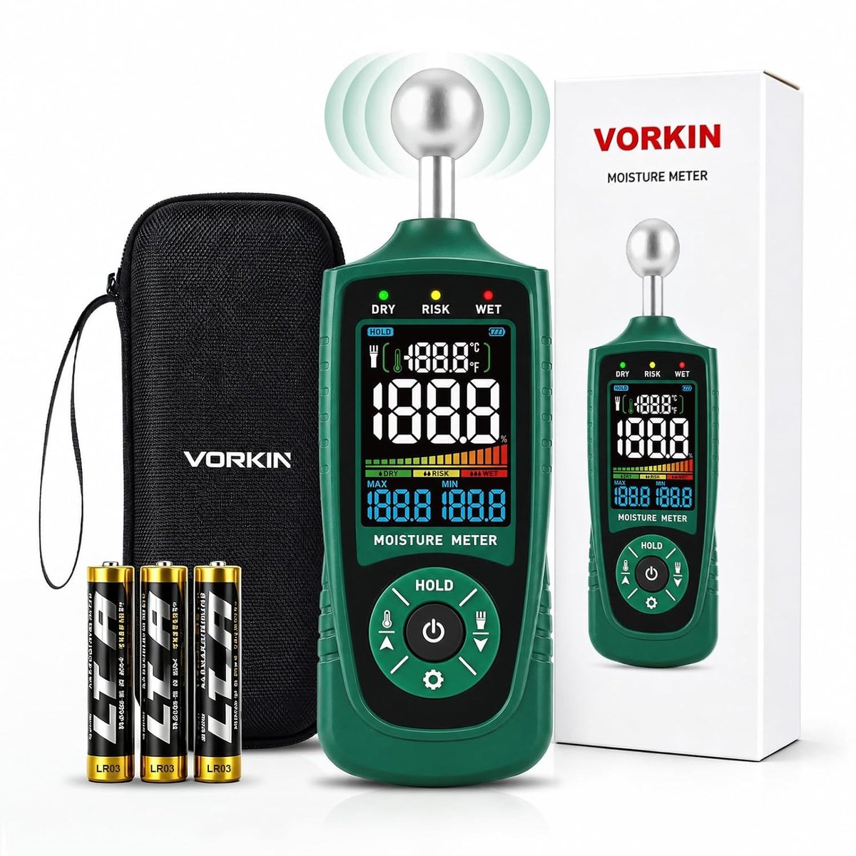 Vorkin vochtmeter - pinloze meting - voor hout, muren en beton - niet-destructieve metingen met LED alarm - ShopVlot