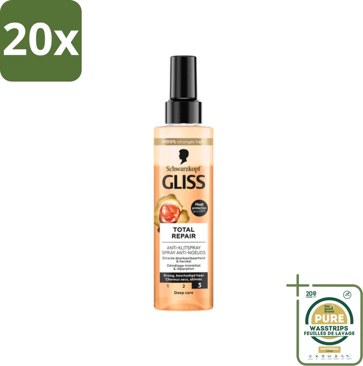 20 x Gliss - Total Repair Anti-Klit Spray - Voor Beschadigd en Droog Haar - 200 ml - Grootverpakking - Haarspray - Anti Klit Spray - Haar Herstel - Haar Bescherming - Droog Haar