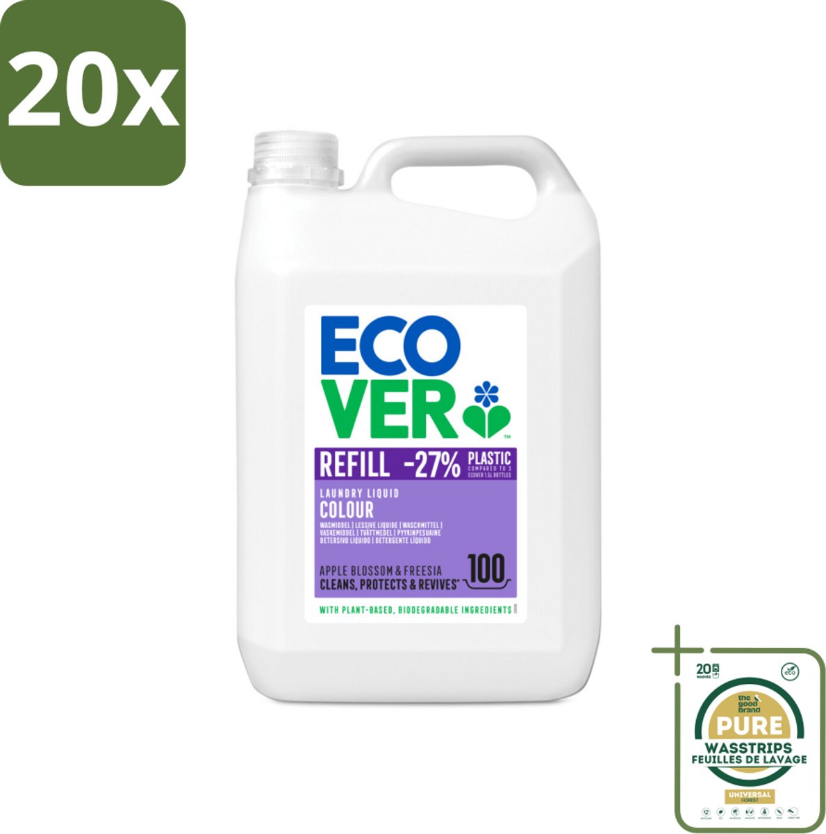 20 x Ecover - Vloeibaar wasmiddel - Color - Appelbloesem & Freesia - 5 liter - 100 wasbeurten - Grootverpakking - Ecover Vloeibaar Wasmiddel Color - Gekleurde Was - Vlekverwijdering - Kleurbeschermd - Plantaardig Wasmiddel