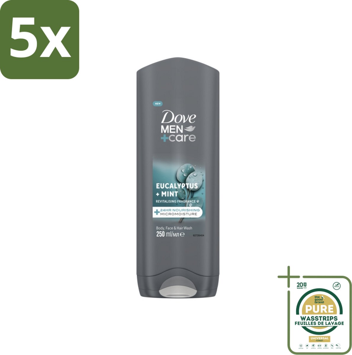 5 x Dove Men+Care Douchegel - Eucalyptus & Mint - 250 ml - Grootverpakking - Douchegel Mannen - Hydraterend Bodywash - Gezicht En Haar Verzorging - Eucalyptus En Munt - 3-in-1 Bodywash