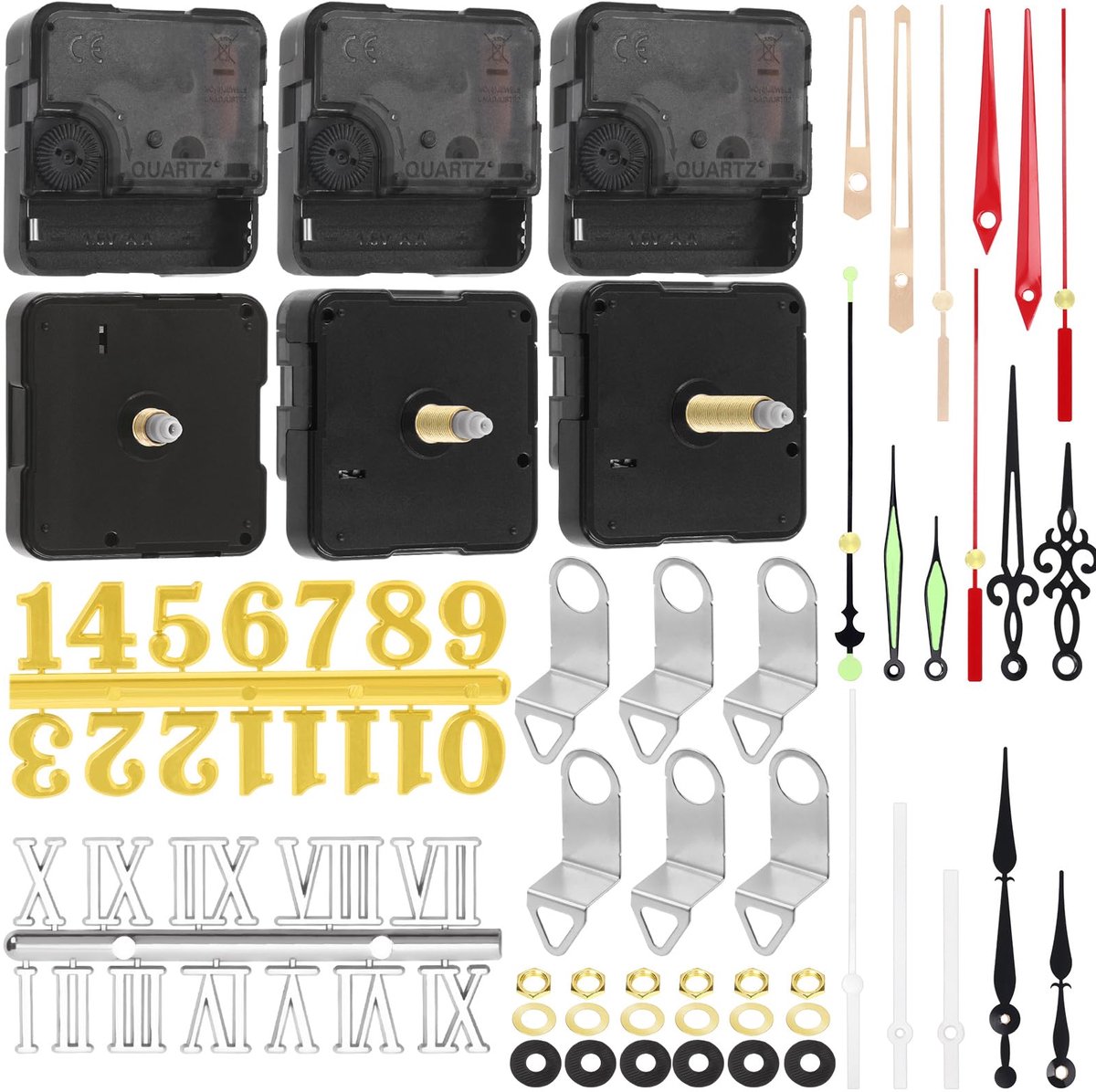 Uurwerk mechanisme kit 6 stuks - 3 maten mm - inclusief wijzers en cijfers - perfect voor doe-het-zelf klokken - ShopVlot