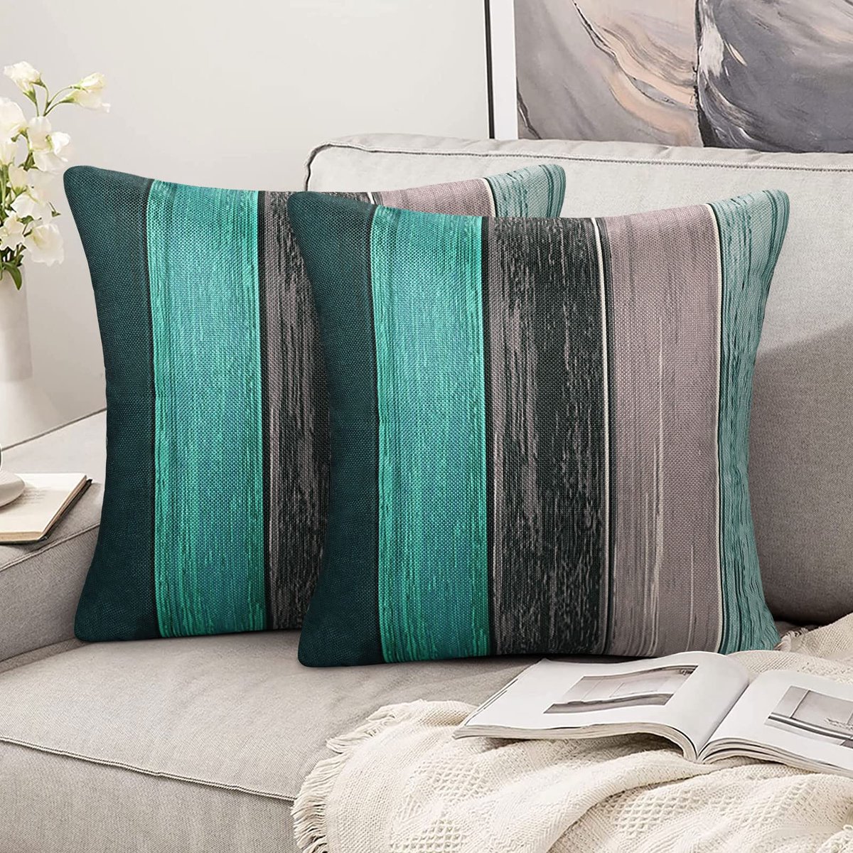 Kussensloop 40 x 40 cm - turquoise linnen - moderne retro uitstraling - perfect voor bank of autobed - ShopVlot