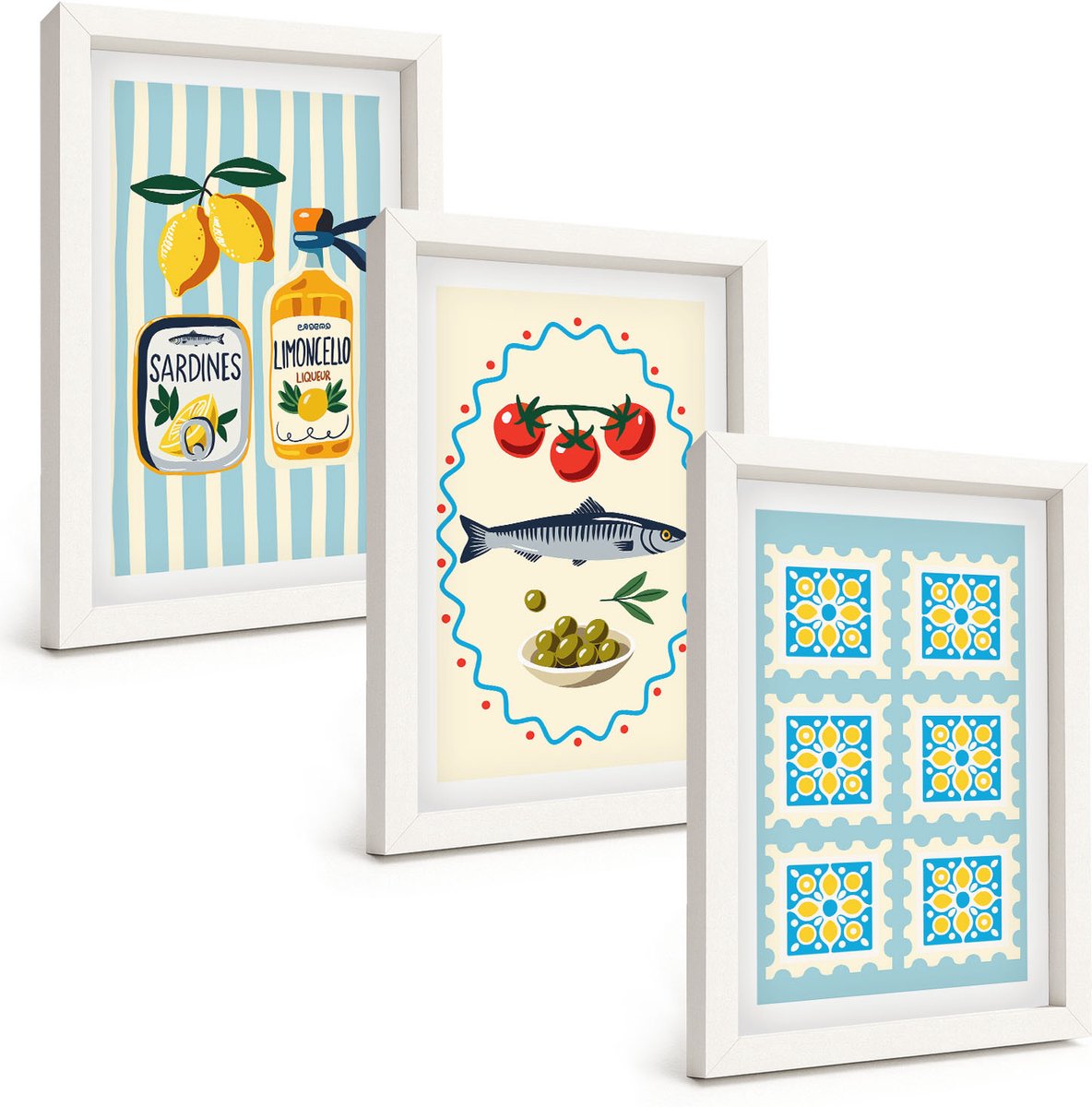 Tulup 3-Delige Schilderij Set - Illustraties van keukens in mediterrane stijl - 20x30 - Wanddecoratie - Schilderijen Set - Kantoor - Decoratieve Schilderijen