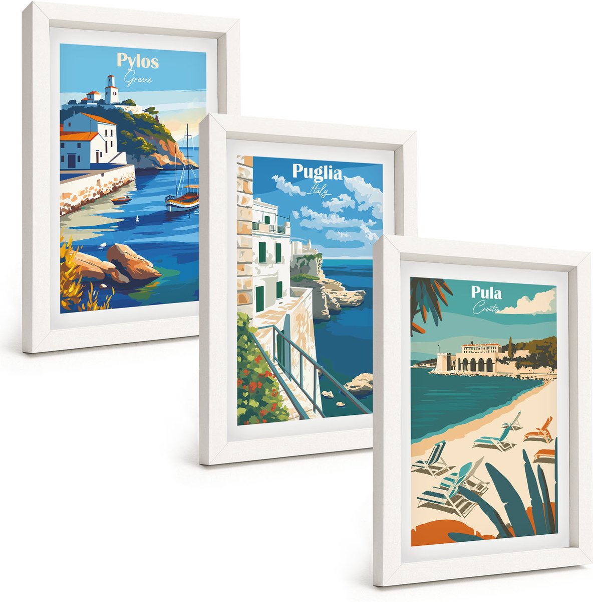 Tulup 3-Delige Schilderij Set - Schilderachtige kustlandschappen uit toeristische landen - 20x30 - Wanddecoratie - Moderne Interieurdecoratie - Muurdecoratie