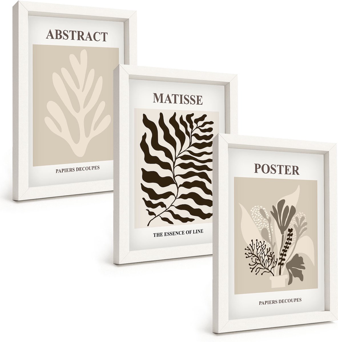 Tulup 3-Delige Schilderij Set - Plantenpatronen in beige en bruine tinten - 20x30 - Decoratieve Schilderijen - Wanddecoratie - Hal - Stijlvolle Muurdecoratie