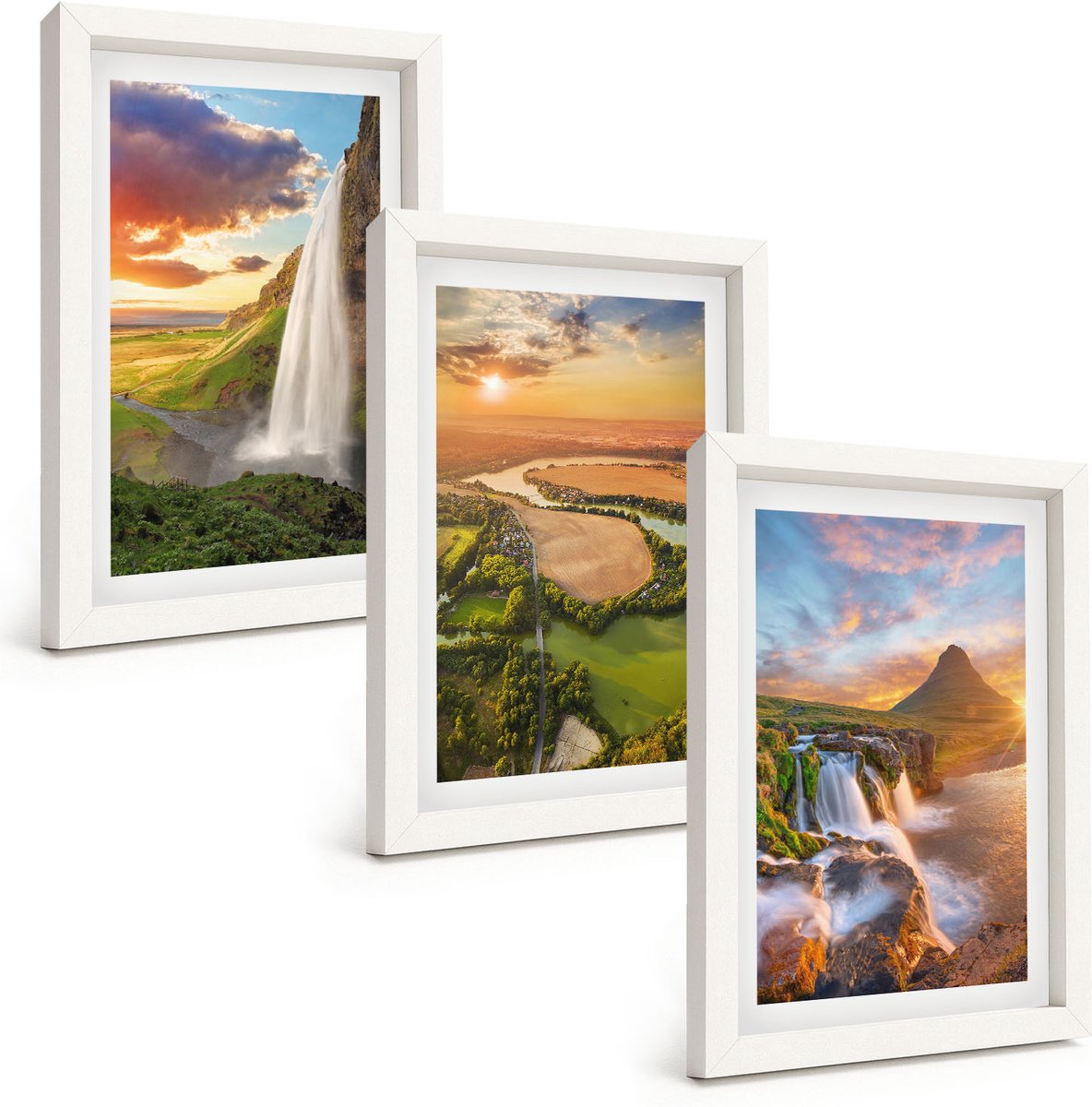 Tulup 3-Delige Schilderij Set - Watervallen, berglandschappen en rivieren bij zonsondergang - 20x30 - Muurdecoratie - Wanddecoratie - Slaapkamer - Woonkamer Decoratie