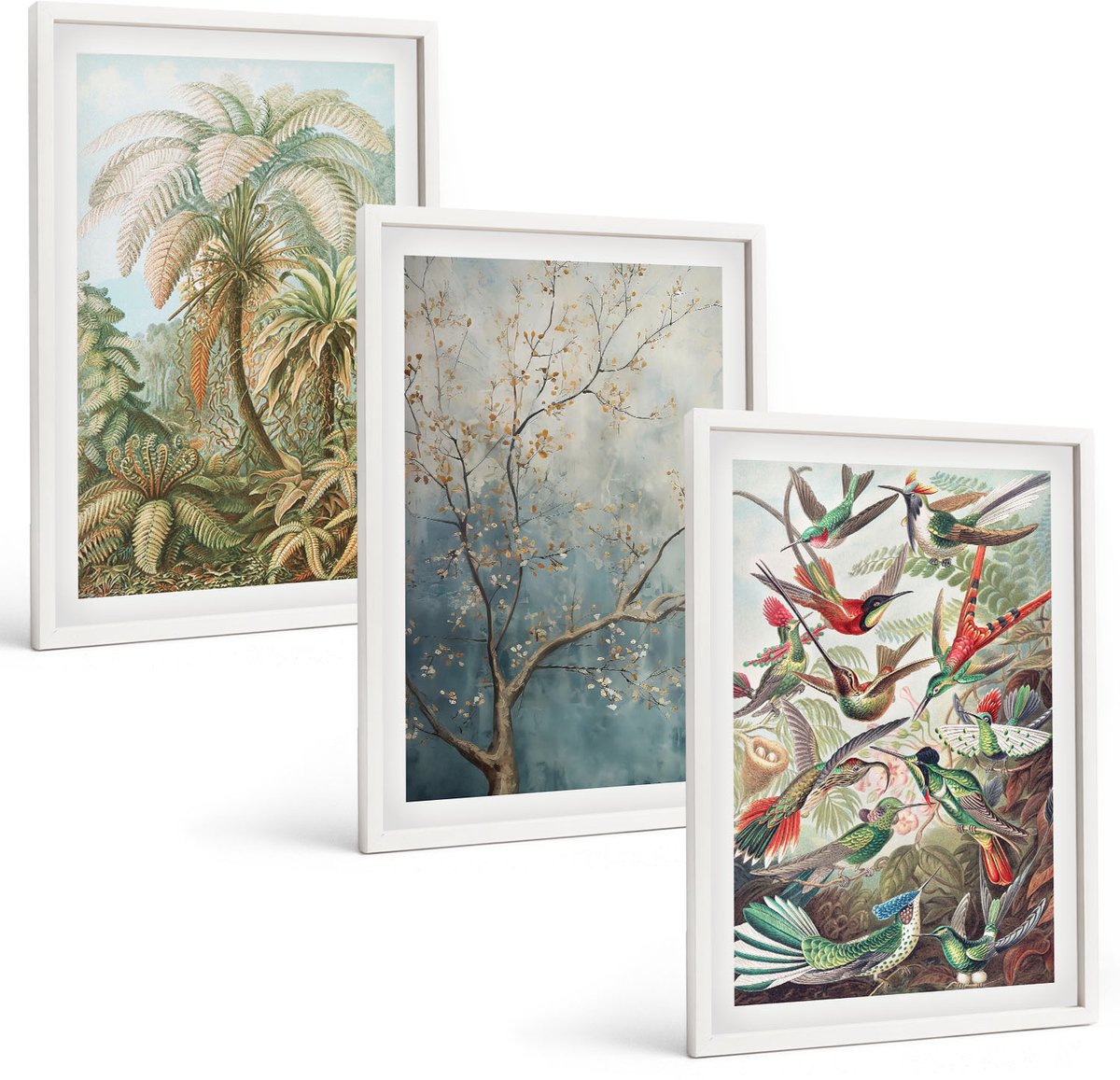 Tulup 3-Delige Schilderij Set - Tropische planten en kleurrijke vogels in de natuur - 40x60 - Stijlvolle Muurdecoratie - Slaapkamer - Woonkamer Decoratie