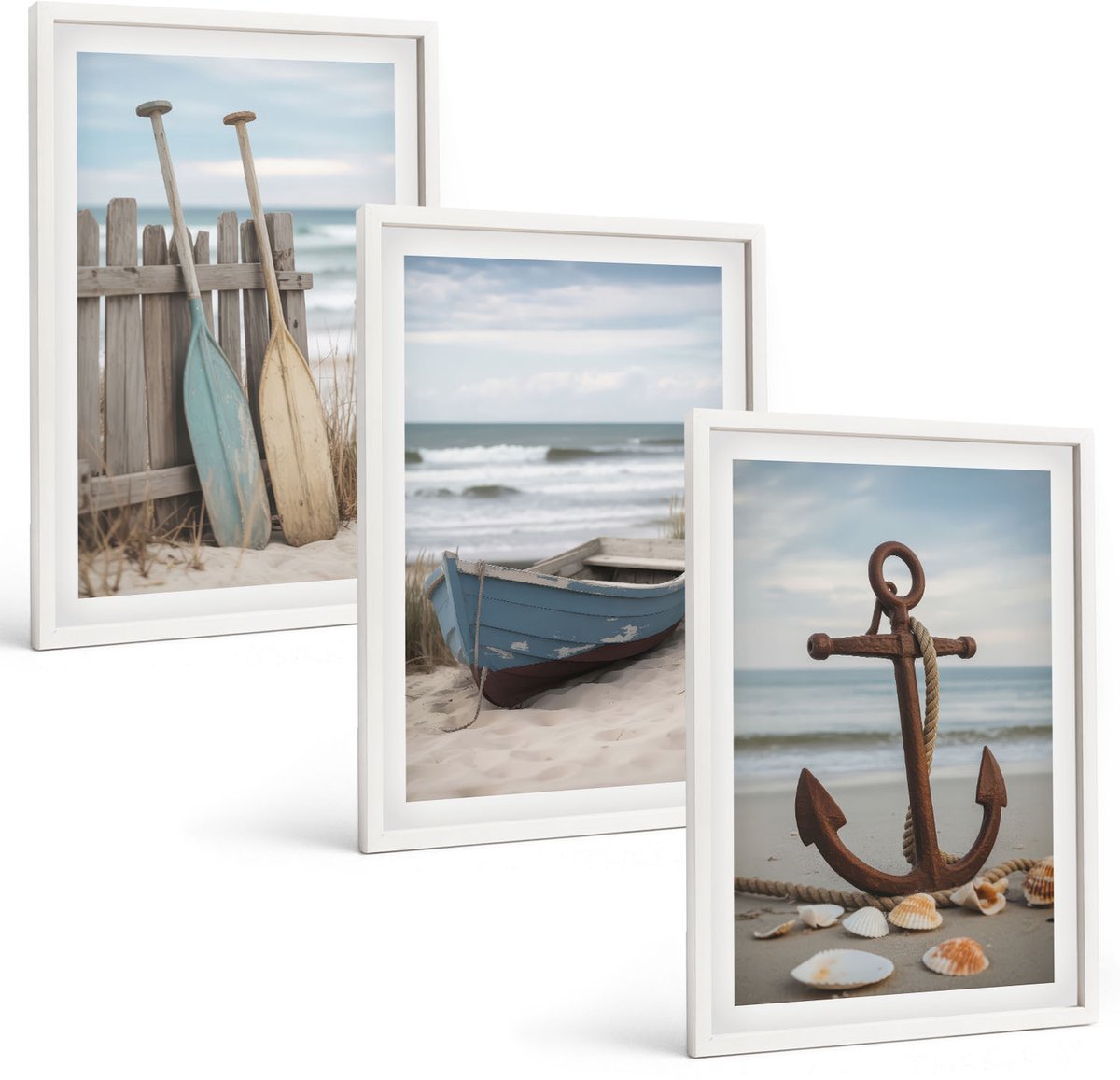 Tulup 3-Delige Schilderij Set - Strand met een roeiboot en een anker op het zand - 40x60 - Decoratieve Muurdecoratie - Slaapkamer - Interieur Decoratie