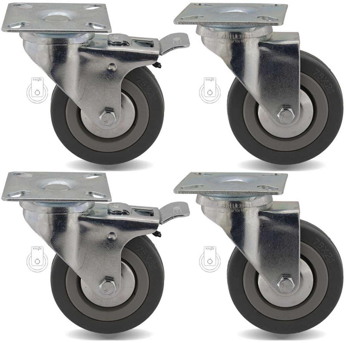 4x Zwenkwielen 75mm met Glijlager - Merkloos