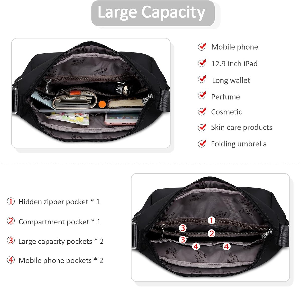 DIRRONA Fashion Ladies Cross Body Bag Multi Pocket Shoulder Bags Ladies Casual Shopping School Shoulder Messenger Bag - ShopVlot