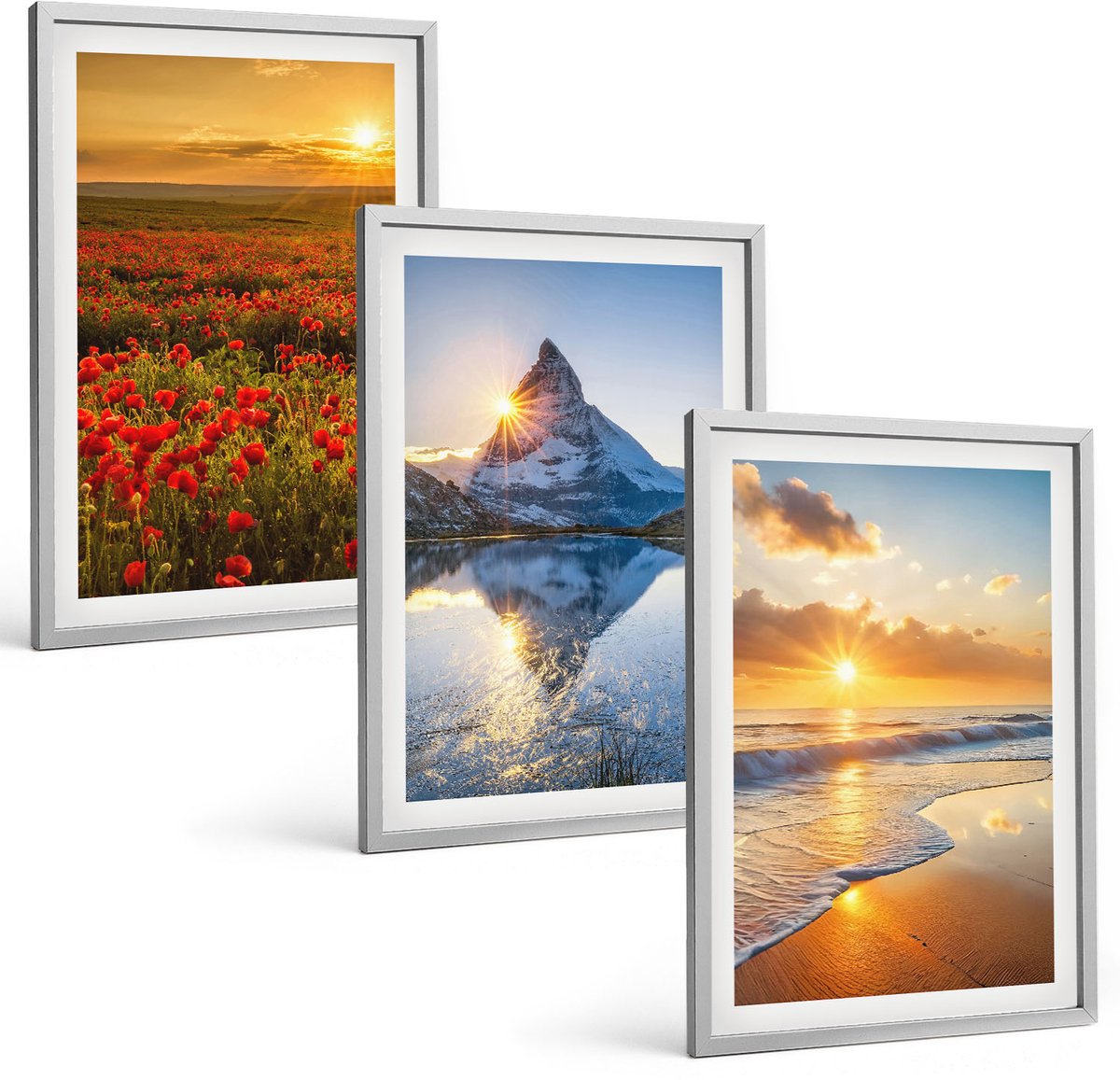 TULUP 4-Delige Schilderij Set - Berg- en kustlandschappen met zonsondergang - 40 x 60 cm - Wanddecoratie - Woonkamer Decoratie - Muurdecoratie Zilveren lijst