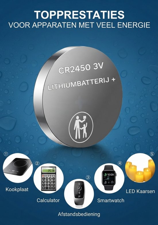 CR2450 3V lithium batterij, top prestaties voor apparaten met veel energie zoals smartwatch.