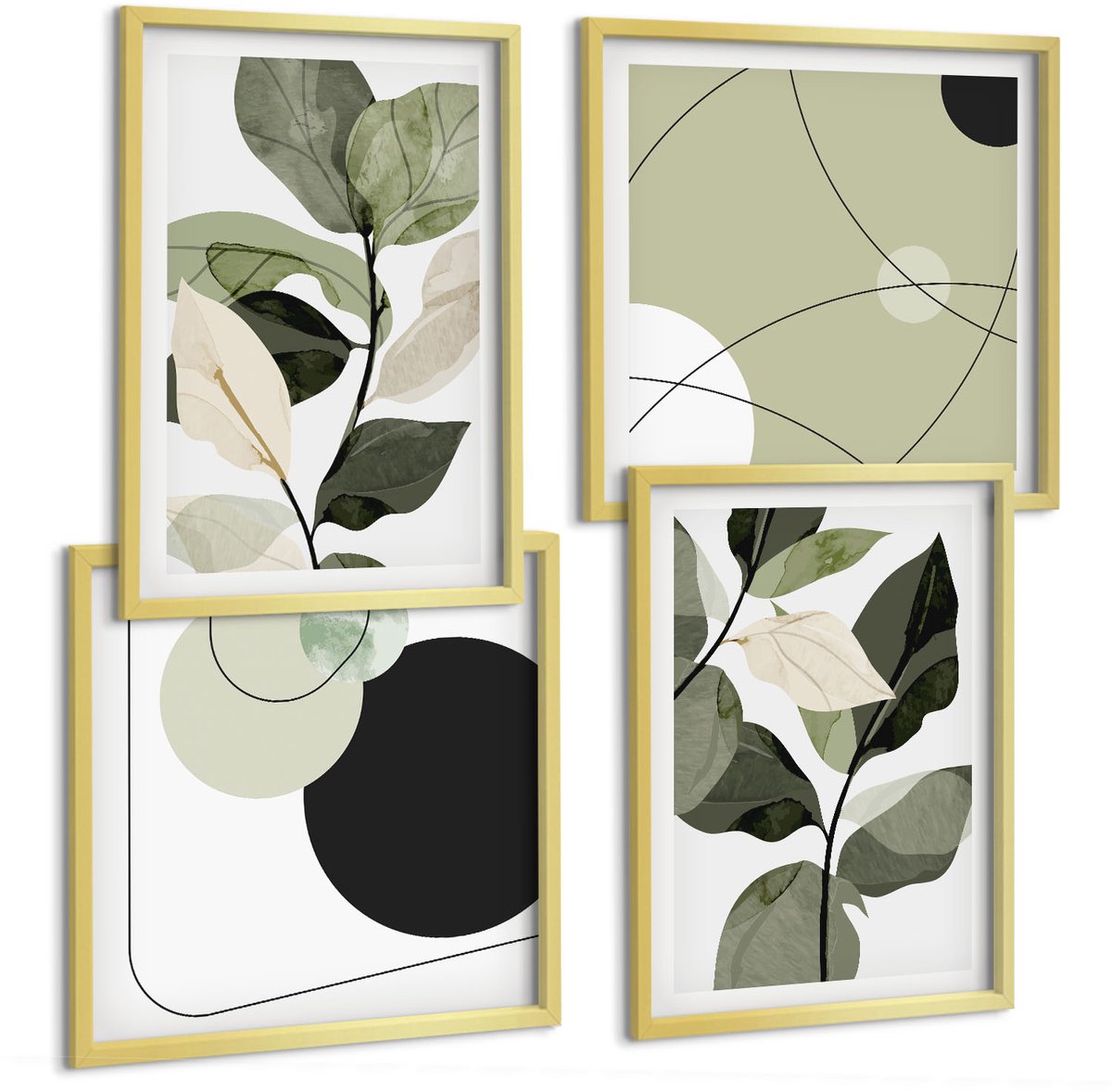 TULUP 4-Delige Schilderij Set - Geschilderde bladeren en abstracte vormen - 40 x 40 cm en 40 x 60 cm - Decoratieve Schilderijen - Wanddecoratie - Hal - Moderne Wanddecoratie Gouden lijst