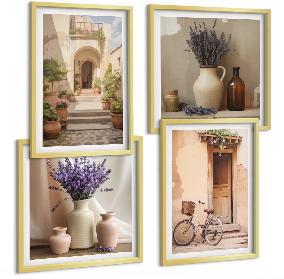 TULUP 4-Delige Schilderij Set - Lavendelbloemen, olijven en Italiaanse architectuur - 40 x 40 cm en 40 x 60 cm - Decoratieve Muurdecoratie - Slaapkamer - Woonkamer Decoratie Gouden lijst