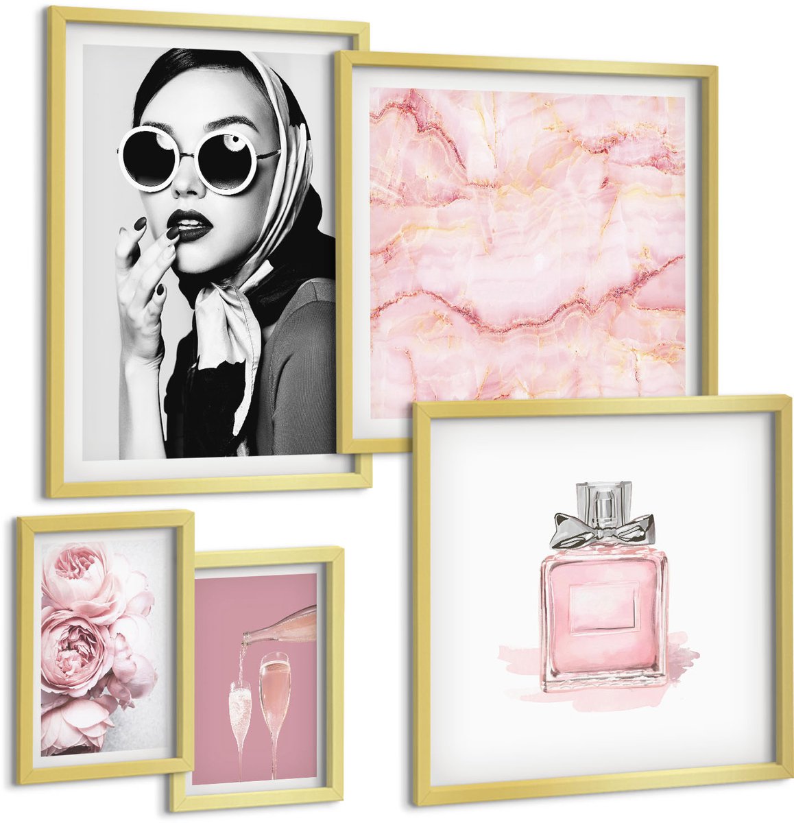 TULUP 5-Delige Schilderij Set - Stijlvolle accenten in roze tinten en elegantie. - 50 x 50 cm, 20 x 30 cm en 40 x 60 cm - Moderne Wanddecoratie - Slaapkamer - Muurdecoratie Gouden lijst