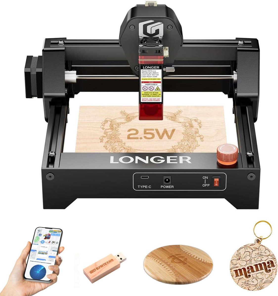 LONGER Ray5 Mini Laser Engraving Machine, 2.5 W, High-Speed Cutting Machine 12 mm/Min, Engraving Range 140 x 130 mm - ShopVlot