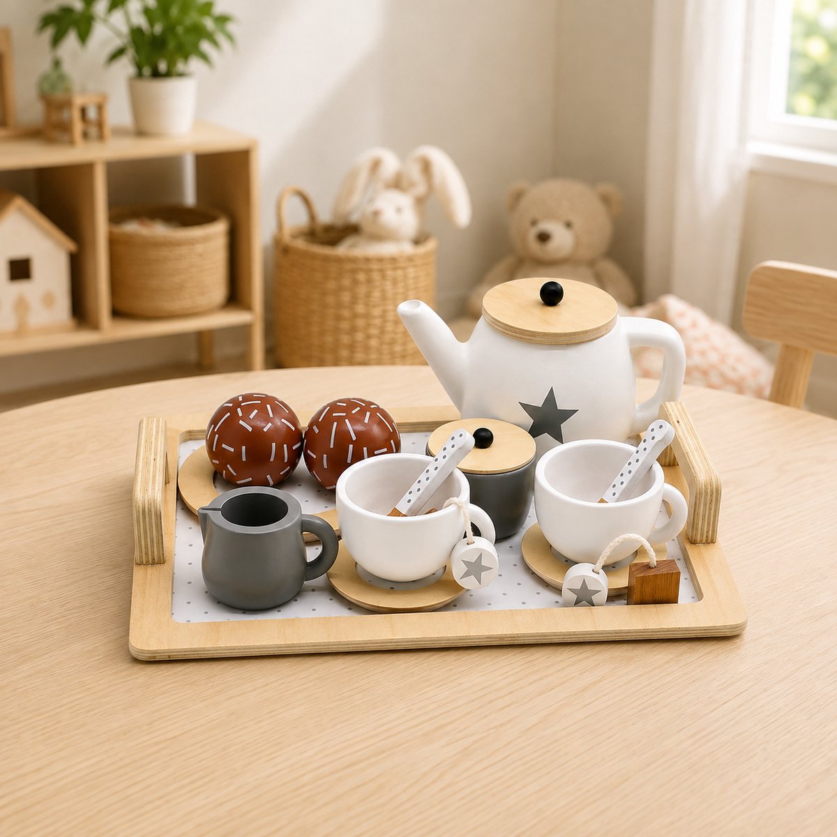 Maxx Kidz Houten Theeservies voor Kinderen - Thee Setje Speelgoed - Keuken en Kookgerei Speelservies - Keukenspeelgoed Serviesje Peuters - Theeserviesje Hout