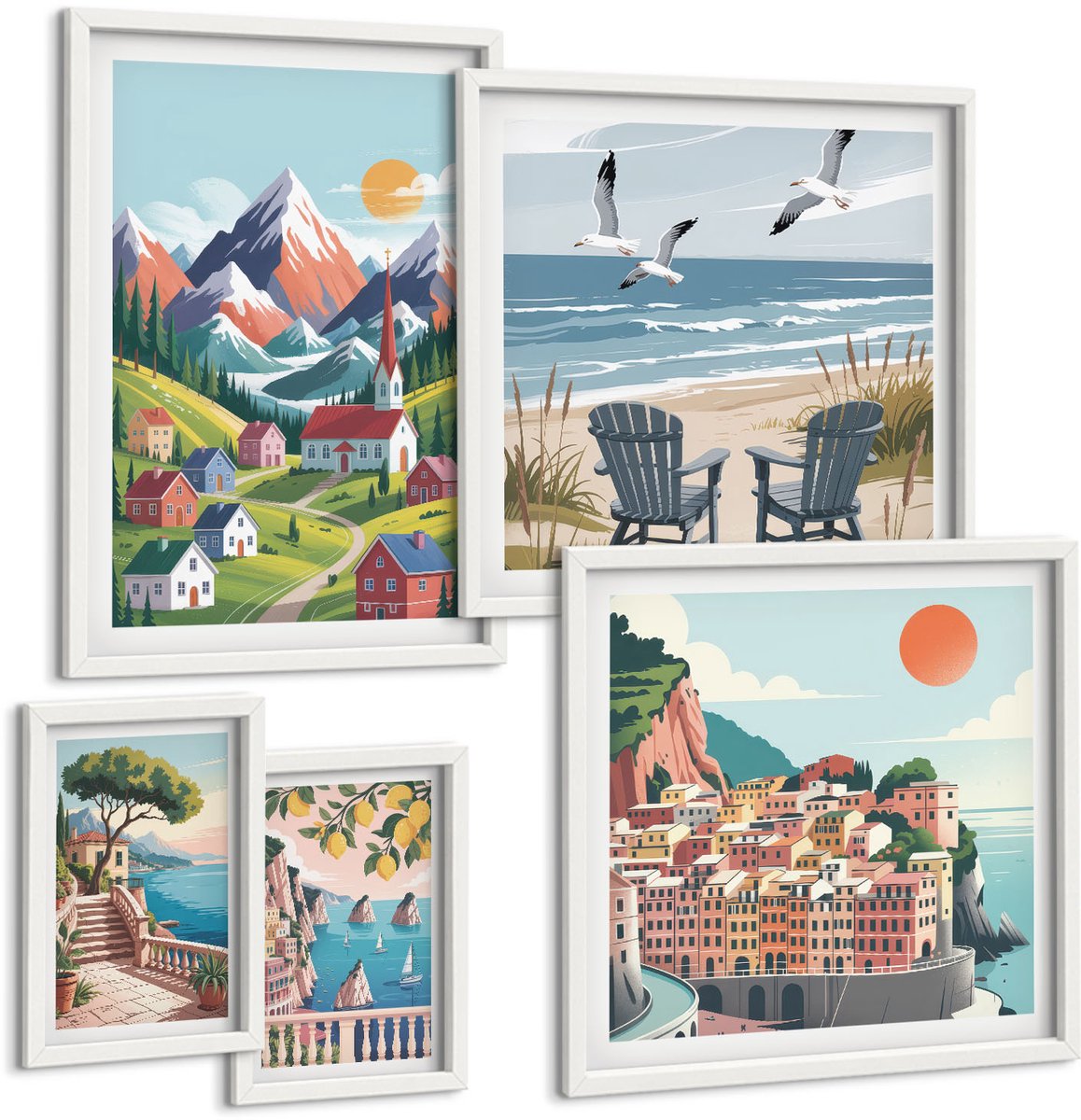 Tulup 4-Delige Schilderij Set - Berg- en kustlandschappen in retrostijl - 50 x 50 cm, 20 x 30 cm en 40 x 60 cm - Muurdecoratie - Interieur Decoratie - Decoratieve Schilderijen