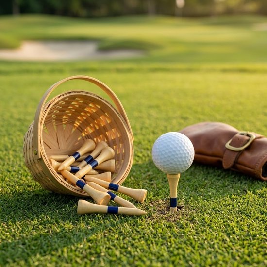 Houten golf tees 30 stuks 1,5 inch – korte golf tees – natuurlijke kleur met blauwe markering – golf tees voor training en golfspel – compacte houten golf tee — afbeelding 3