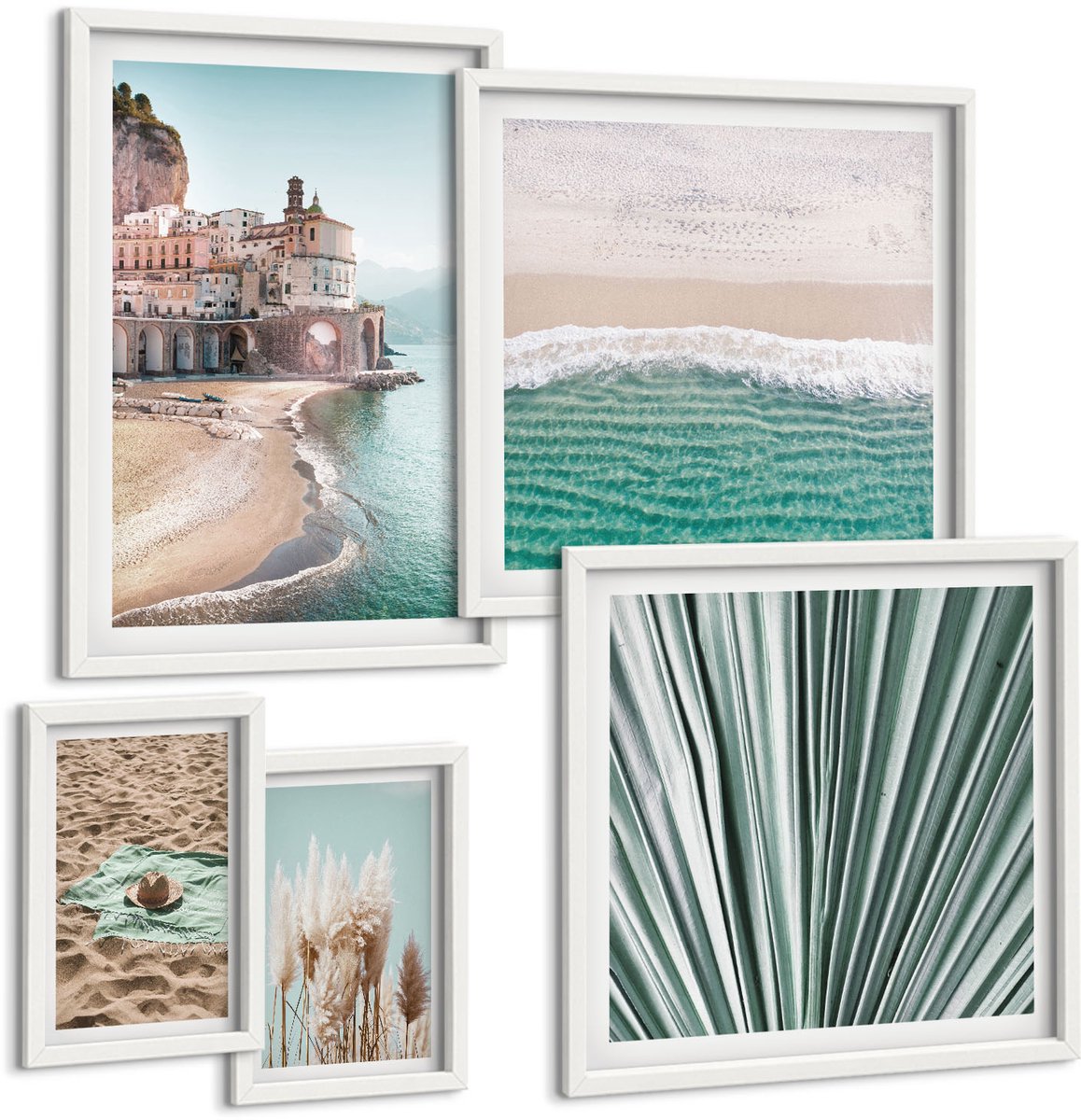 Tulup 4-Delige Schilderij Set - Stijlvol uitzicht op zee met stranden en vegetatie. - 50 x 50 cm, 20 x 30 cm en 40 x 60 cm - Wanddecoratie - Muurdecoratie - Woonkamer - Decoratieve Schilderijen