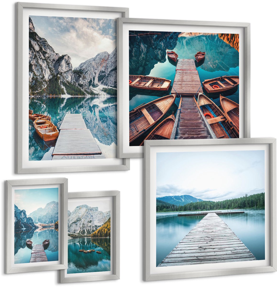 TULUP 4-Delige Schilderij Set - Berglandschappen met waterpaden en boten - 50 x 50 cm, 20 x 30 cm en 40 x 60 cm - Muurdecoratie - Wanddecoratie - Hal Zilveren lijst