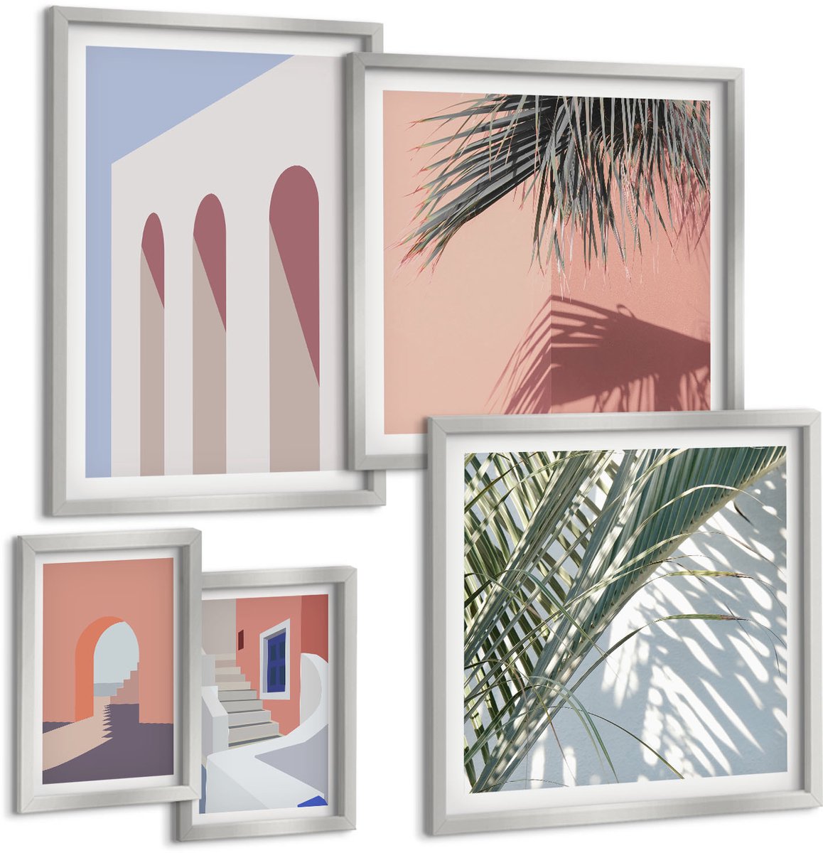 TULUP 4-Delige Schilderij Set - Illustraties van stedelijke architectuur in minimalistische stijl - 50 x 50 cm, 20 x 30 cm en 40 x 60 cm - Wanddecoratie - Schilderijen Set - Interieur - Moderne Wanddecoratie Zilveren lijst