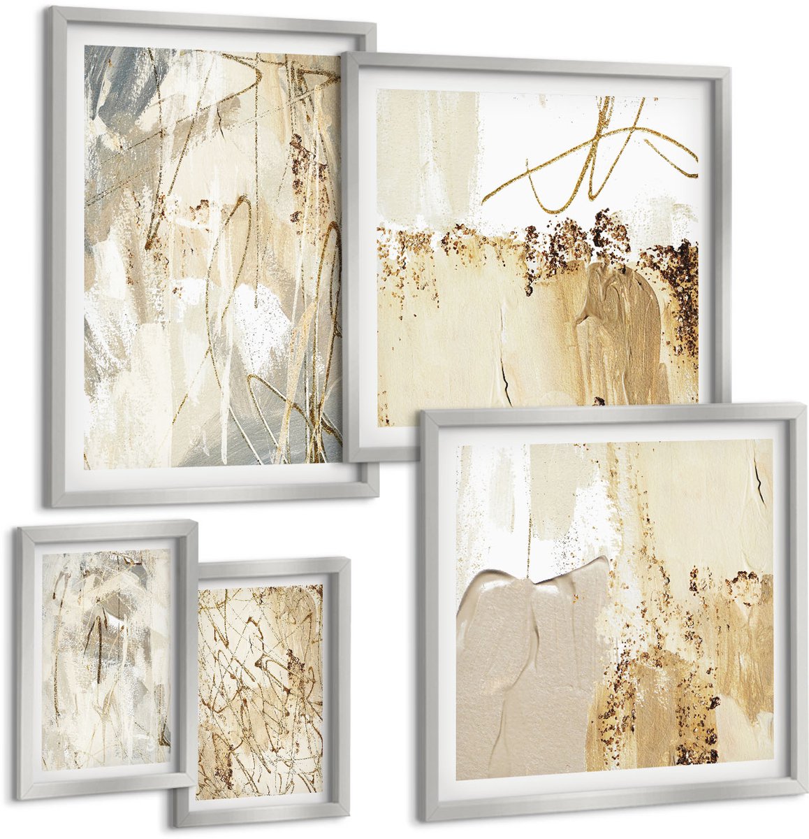 TULUP 4-Delige Schilderij Set - Abstracte composities in een moderne en minimalistische stijl. - 50 x 50 cm, 20 x 30 cm en 40 x 60 cm - Muurdecoratie - Decoratieve Schilderijen - Wohnzimmer - Woonkamer Decoratie Zilveren lijst