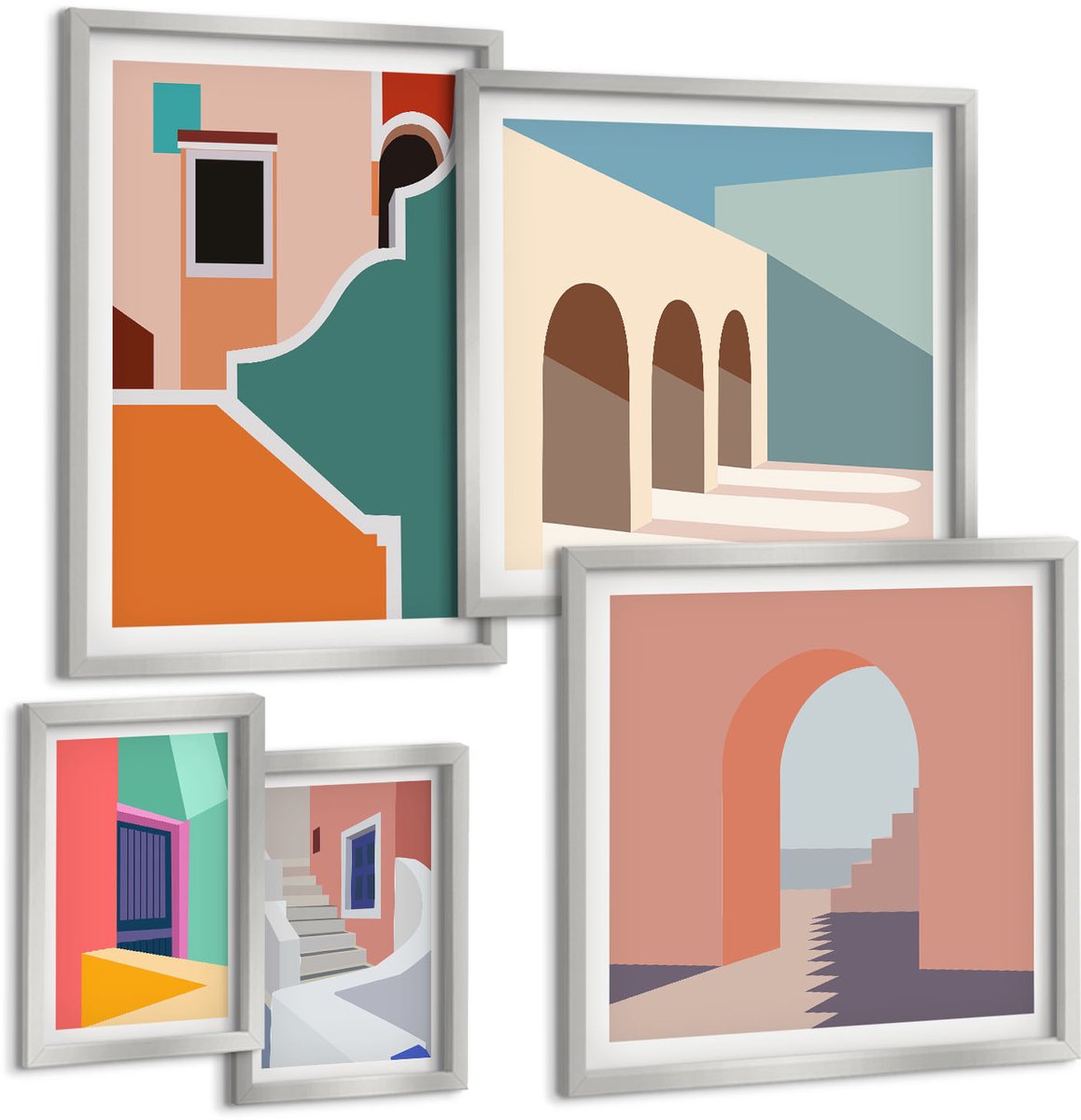 TULUP 4-Delige Schilderij Set - Kleurrijke illustraties van gebouwen in een moderne stijl. - 50 x 50 cm, 20 x 30 cm en 40 x 60 cm - Wanddecoratie - Schilderijen Set - Kantoor - Woonkamer Decoratie Zilveren lijst