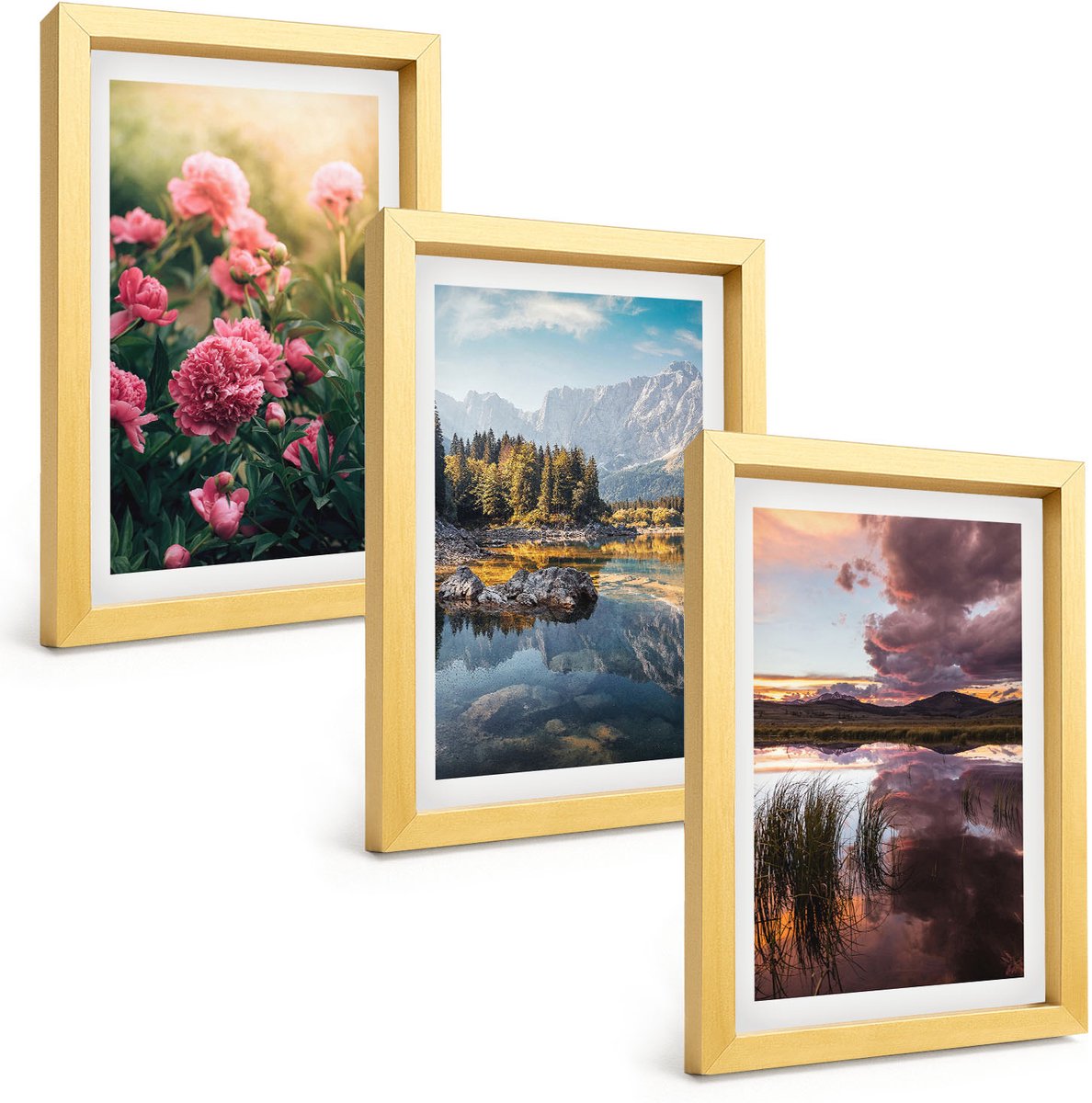 TULUP 4-Delige Schilderij Set - Bloemen in de tuin, bergen en een kalm wateroppervlak. - 20 x 30 cm - Moderne Wanddecoratie - Slaapkamer Gouden lijst