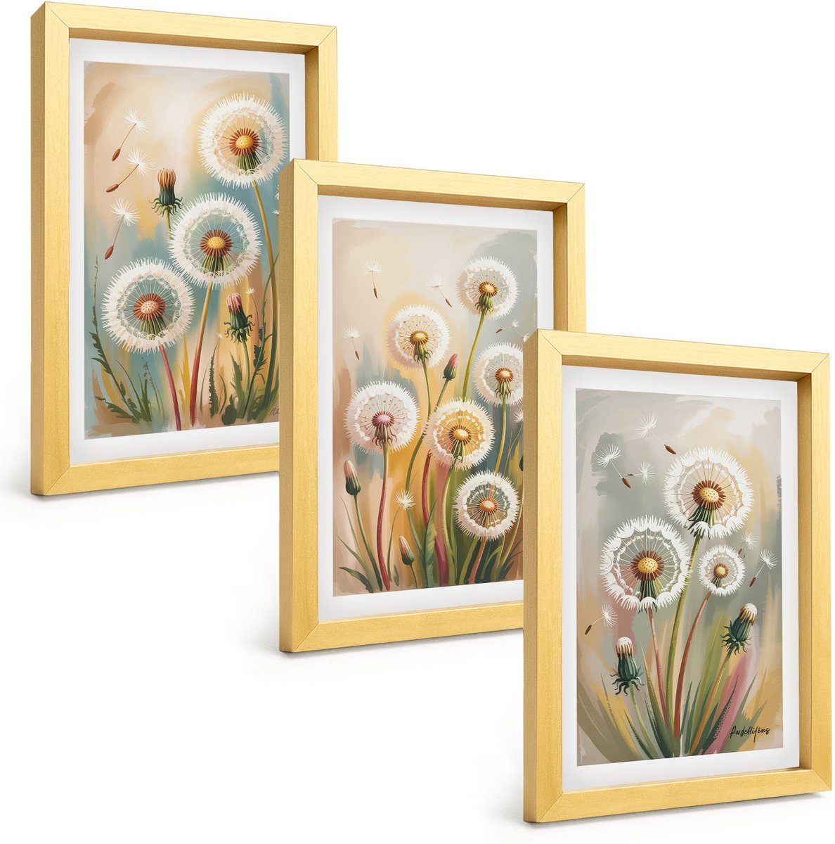 TULUP 4-Delige Schilderij Set - Paardenbloemen tegen een pastelkleurige grasachtergrond - 20 x 30 cm - Schilderijen Set - Wanddecoratie - Woonkamer - Interieur Decoratie Gouden lijst
