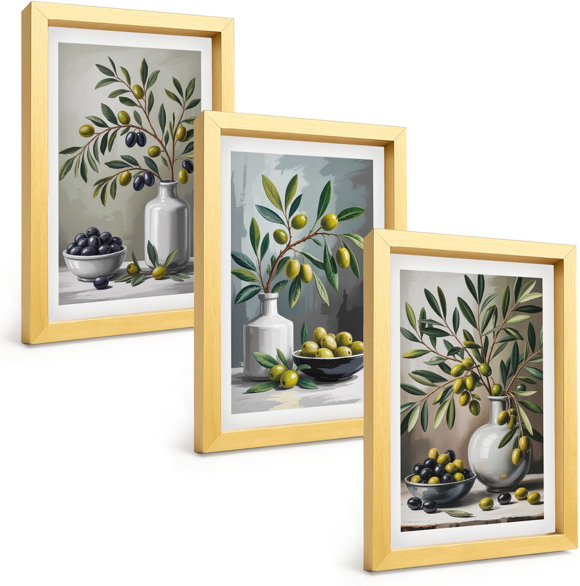 TULUP 4-Delige Schilderij Set - Olijven in keramische schalen op een grijze achtergrond - 20 x 30 cm - Wanddecoratie - Muurdecoratie - Moderne Interieurdecoratie - Decoratieve Schilderijen Gouden lijst