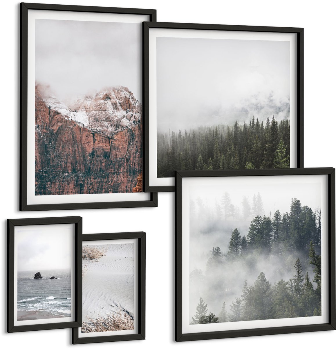 Tulup 4-Delige Schilderij Set - Natuurlijke landschappen, bergen, bossen en kusten, in de wolken. - 50 x 50 cm, 20 x 30 cm en 40 x 60 cm - Wanddecoratie - Muurdecoratie - Woonkamer - Decoratieve Schilderijen