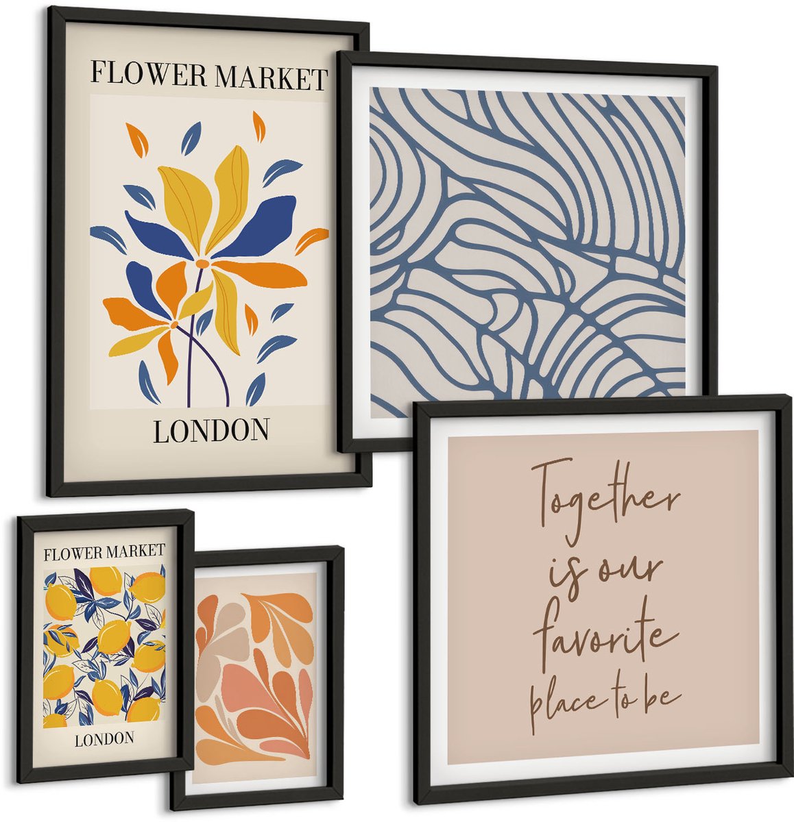Tulup 4-Delige Schilderij Set - Bloemmotieven en gestileerde letters uit Londen - 50 x 50 cm, 20 x 30 cm en 40 x 60 cm - Muurdecoratie - Wanddecoratie - Hal - Woonkamer Decoratie