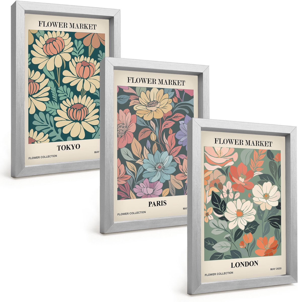 Tulup 4-Delige Schilderij Set - Bloemenposters Tokio Parijs Londen - 20 x 30 cm - Moderne Wanddecoratie - Slaapkamer