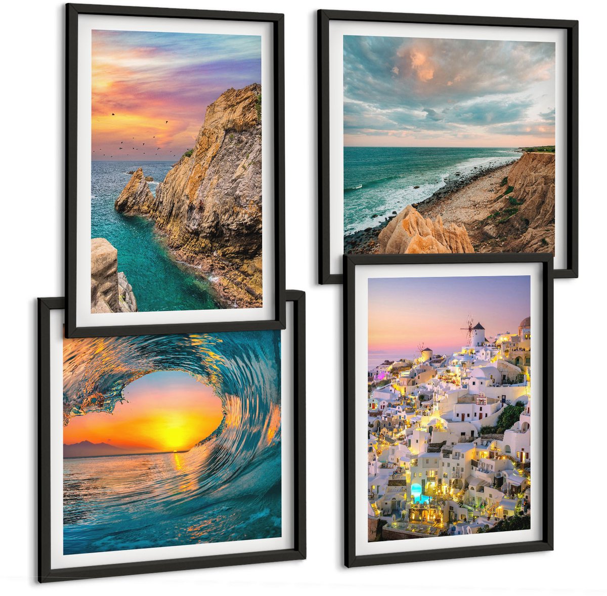 Tulup 4-Delige Schilderij Set - Uitzicht op de zee, de golven en de witte huizen op Santorini, Griekenland - 40 x 40 cm en 40 x 60 cm - Muurdecoratie - Interieur Decoratie