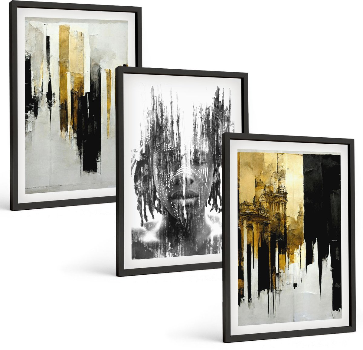 Tulup 4-Delige Schilderij Set - Contrasterende abstracties met portret en architectuur - 40 x 60 cm - Wanddecoratie - Woonkamer Decoratie - Moderne Wanddecoratie