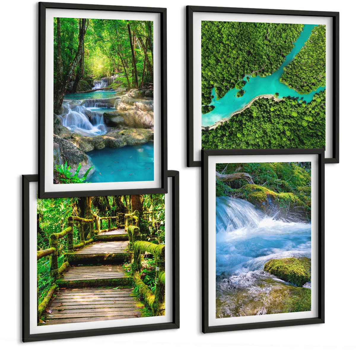 Tulup 4-Delige Schilderij Set - Groene bossen en kristalhelder rivierwater - 40 x 40 cm en 40 x 60 cm - Decoratieve Schilderijen - Wanddecoratie - Hal - Woonkamer Decoratie