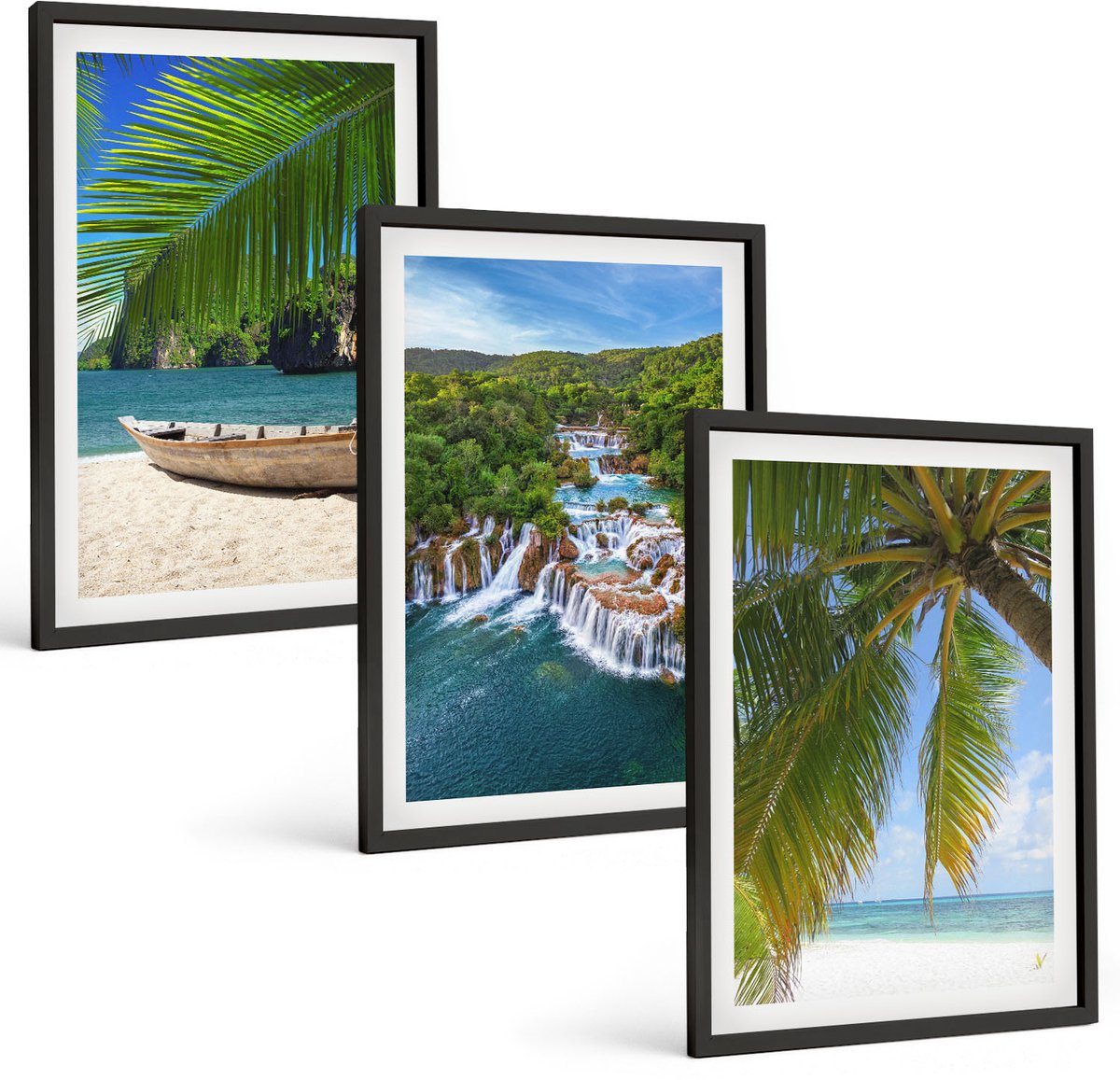 Tulup 4-Delige Schilderij Set - Strand met boten, watervallen en palmbomen in de tropen - 40 x 60 cm - Schilderijen Set - Wanddecoratie - Woonkamer - Decoratieve Schilderijen