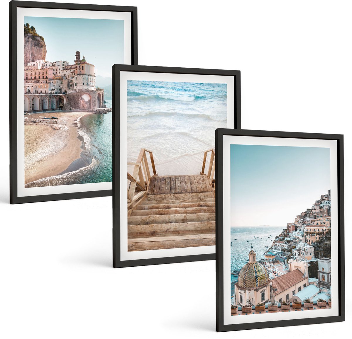 Tulup 4-Delige Schilderij Set - Zomerse pastelkleuren met architectuur aan zee en strand - 40 x 60 cm - Wanddecoratie - Schilderijen Set - Kantoor - Decoratieve Schilderijen