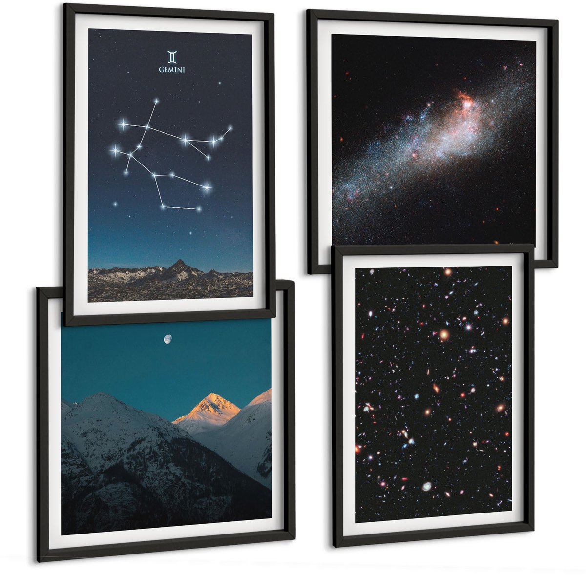 Tulup 4-Delige Schilderij Set - Sterrenbeeld Tweelingen (Gemini) Melkwegstelsel Ruimte Sterren - 40 x 40 cm en 40 x 60 cm - Muurdecoratie - Wanddecoratie - Slaapkamer - Decoratieve Schilderijen