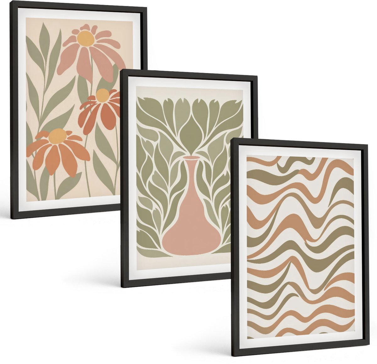 Tulup 4-Delige Schilderij Set - Pastelkleurige bloemenillustraties met golvende abstracte lijnen - 40 x 60 cm - Muurdecoratie - Decoratieve Schilderijen - Wohnzimmer - Moderne Wanddecoratie